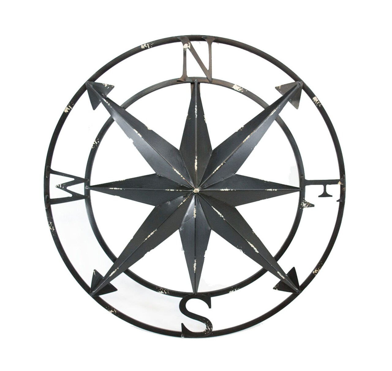 20 Inch Distressed Black Finish Metal Compass Rose Nautical Wall Hanging